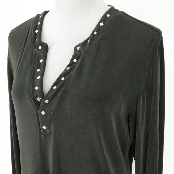 Chicos Travelers Top 2 Womens Large 12 Dark Gray Blouse Studs Slinky Career - Picture 9 of 12